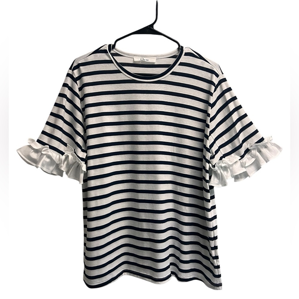 CLU Women’s Navy White Striped T-Shirt Ruffle Sleeves - size Medium